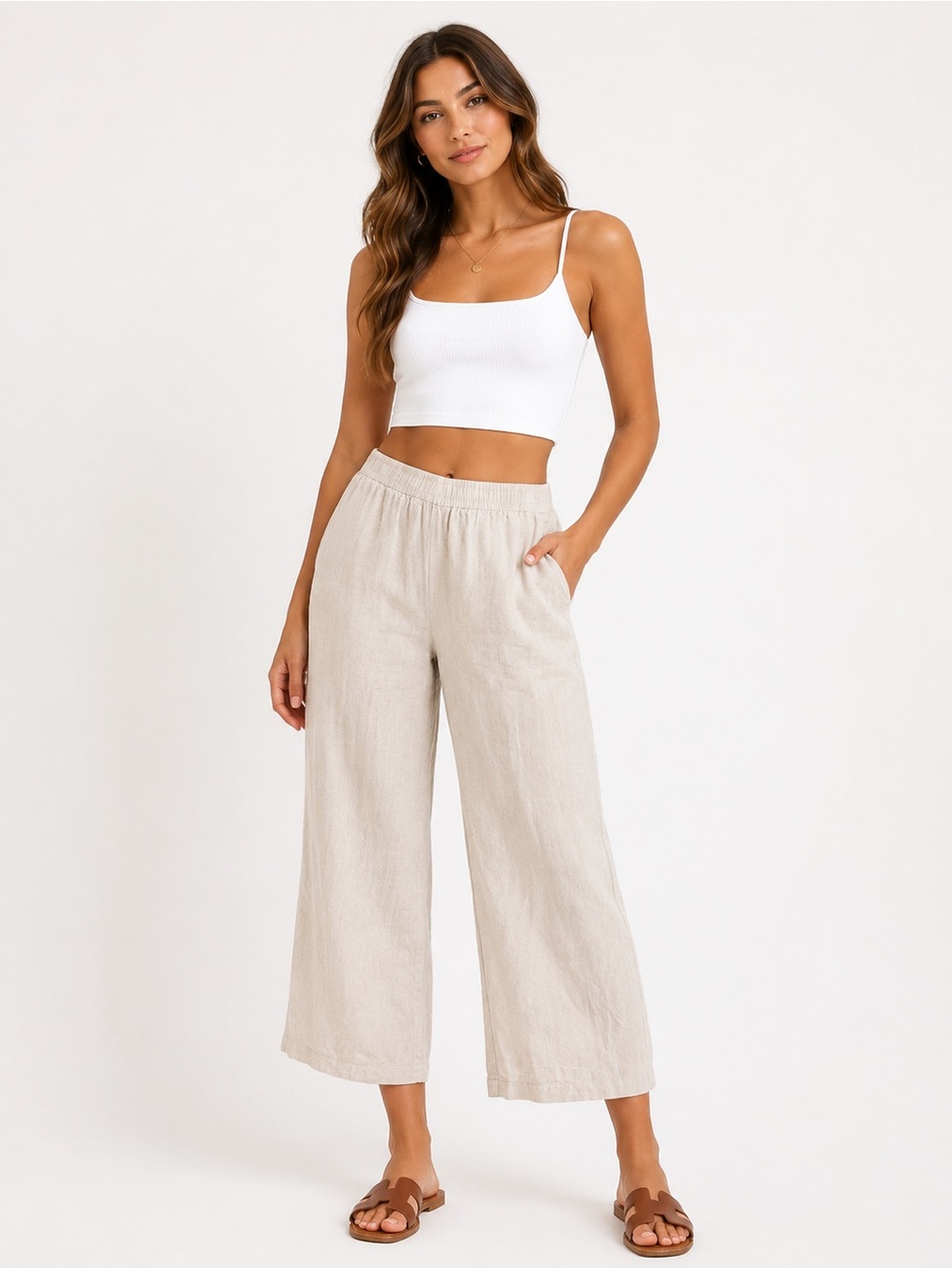Princess Polly Neutral Linen-Blend Wide Leg Pants – Cream | Size US 6